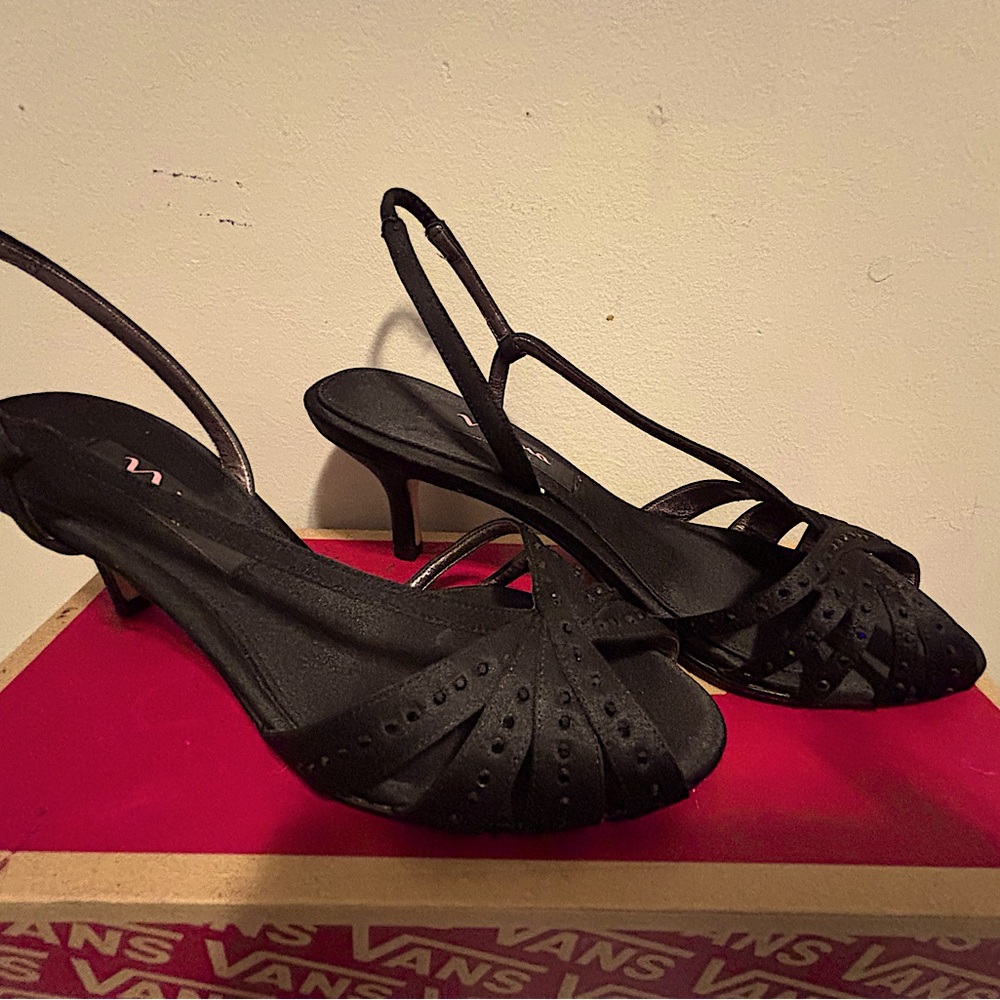 Nina black strappy kitten heels